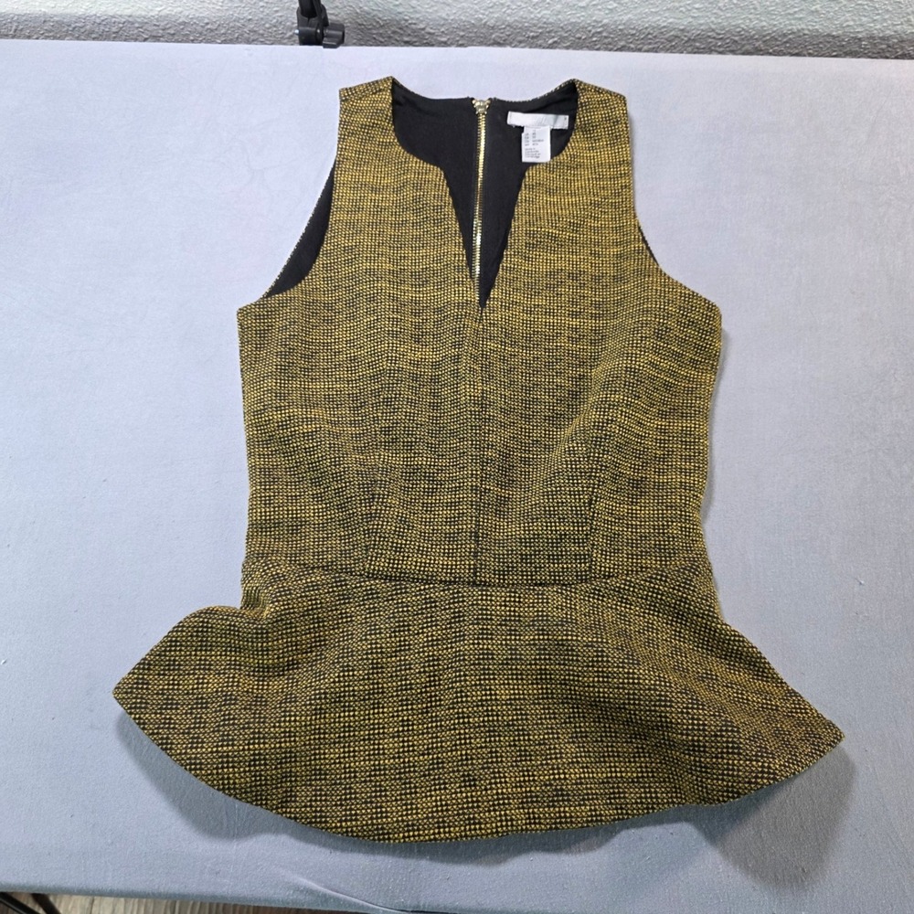HM Peplum Top Sleeveless V-Neck Textured Mustard Yellow Black Back Zip XS